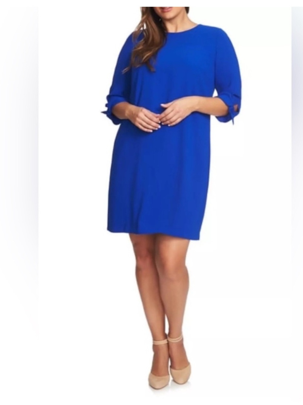 CeCe Tie-Cuff 3/4-Sleeve Crew Neck Shift Dress